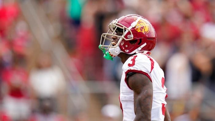 Southern California wide receiver Jordan Addison celebrates after his 22-yard touchdown reception against Stanford during the first half of an NCAA college football game in Stanford, Calif., Saturday, Sept. 10, 2022. (AP Photo/Godofredo A. Vásquez)